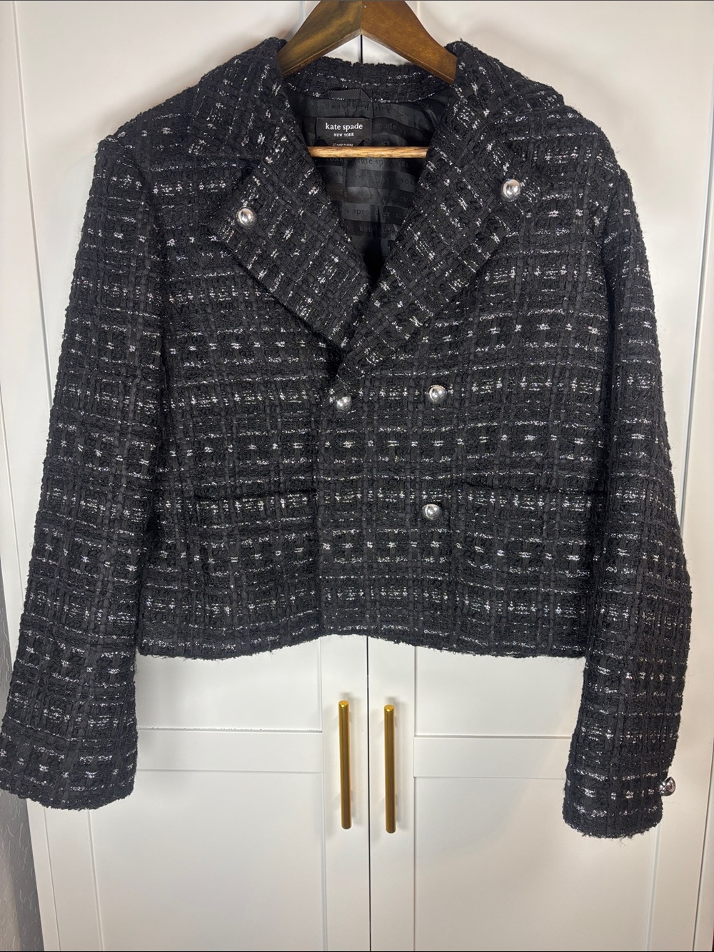 kate spade Black Textured Tweed Cropped Double-Breasted Blazer